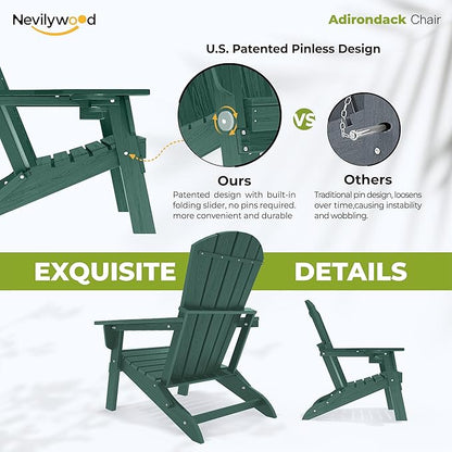nevilywood Folding Adirondack Chair with Cup Holder Set of 4, HDPE Patio Chairs,All-Weather Outdoor Chairs for Backyard, Deck,Fire Pit-Green