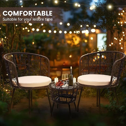Kromax 3 Piece Bistro Set, Modern Outdoor Wicker Patio Furniture with Tempered Glass Table Top and 2 Chairs, Washable Cushions, Brown Rattan and Begie Cushion
