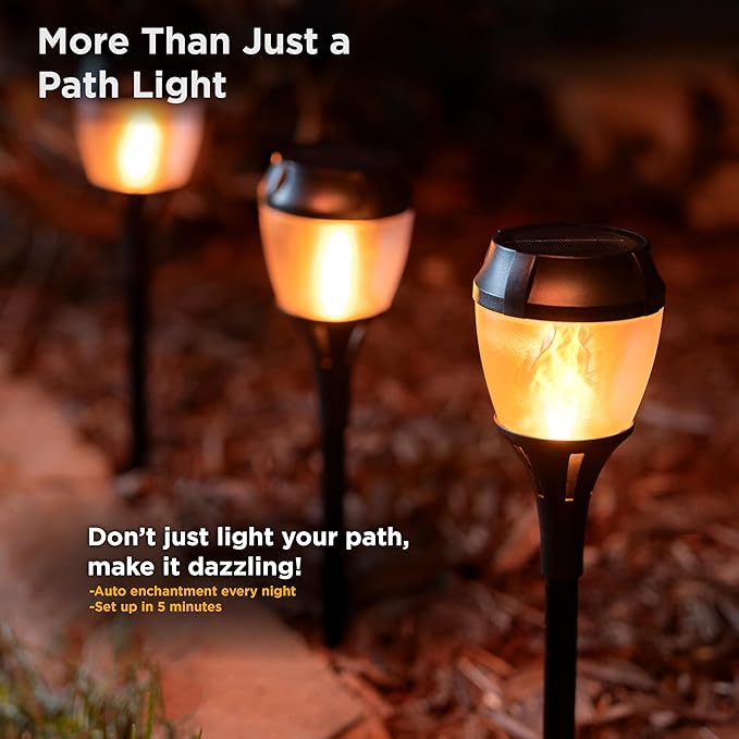 Solar Path Lights Outdoor Waterproof - Realistic Flickering LED Flame, IP65 Pathway Lights Solar Powered Warm Light for Garden and Walkways, Ground Stake Included for Easy Setup (2 Pack)