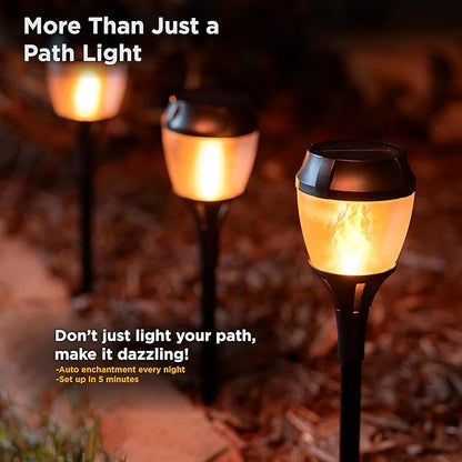 Solar Path Lights Outdoor Waterproof - Realistic Flickering LED Flame, IP65 Pathway Lights Solar Powered Warm Light for Garden and Walkways, Ground Stake Included for Easy Setup (2 Pack)