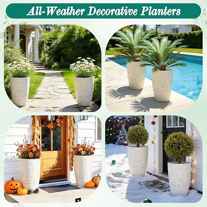 19.5"H Resin Tall Planters for Outdoor Indoor Use, 2-Pack Large Flower Pots, Weather-Resistant Plant Container for Garden Yard Porch or Home Décor, Handcrafted Birch Bark Texture, Country White