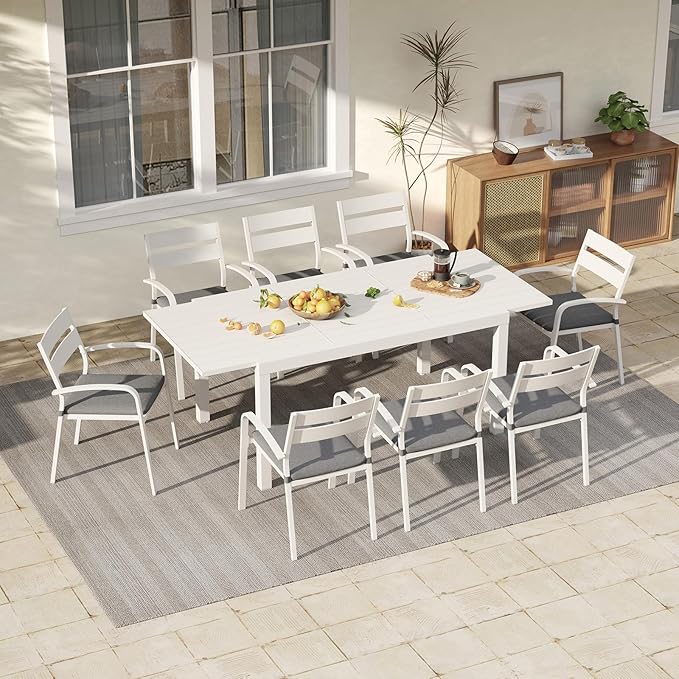 Soleil Jardin 9-Piece Outdoor Patio Dining Set, 59" - 83" Aluminum Expandable Outdoor Dining Table Set for 8, 8 Stackable Chairs with Gray Removable Cushions, White