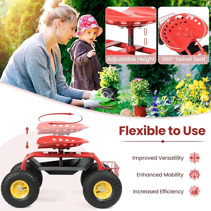 Goplus Garden Seat with Wheels, Rolling Garden Cart with Adjustable 360° Swivel Seat, Tool Tray, Basket for Lawn, Yard, Patio, Heavy Duty Gardening Stool, Outdoor Wagon Scooter for Seniors