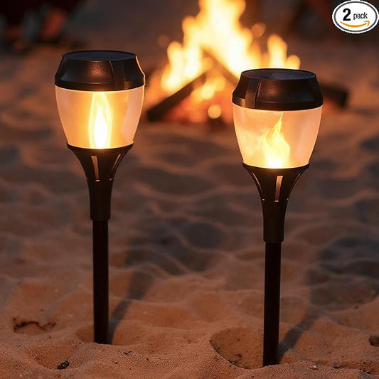 Solar Path Lights Outdoor Waterproof - Realistic Flickering LED Flame, IP65 Pathway Lights Solar Powered Warm Light for Garden and Walkways, Ground Stake Included for Easy Setup (2 Pack)