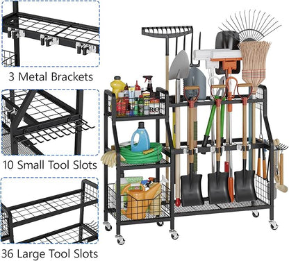 keomaisyto Garden Tool Organizer with 6 Wheels(3 lockable), Heavy Duty Yard Tool organizer with 2 Basket, Large Metal Garage Tool Organization and Storage for Garage/Shed/Yard/Broom Closet/Lawn