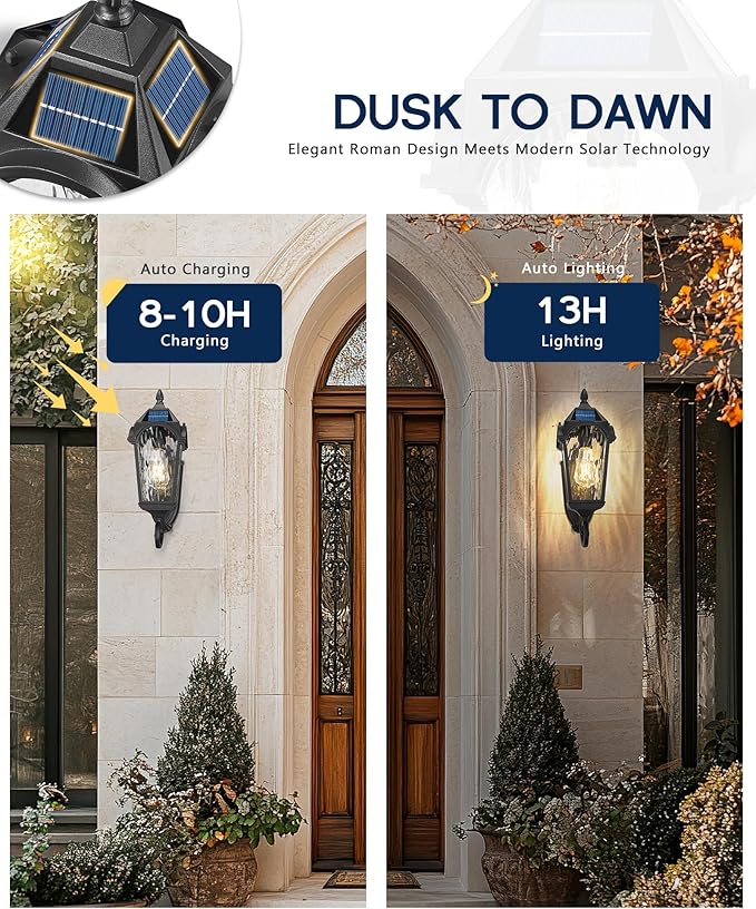 FEMILA Solar Outdoor Wall Light, 17.3" Modern Solar Powered Wall Lights, Aluminum Glass Patio Wall Lights for House Porch Yard, Dusk to Dawn, 4FYX91B-SL BK
