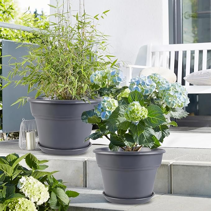 16-inch-Plant-Pots, 4 Pack Large Planters for Outdoor Plants, Plastic Flower Pots Indoor with Drainage Holes & Trays, Classic Garden Pot Container for House