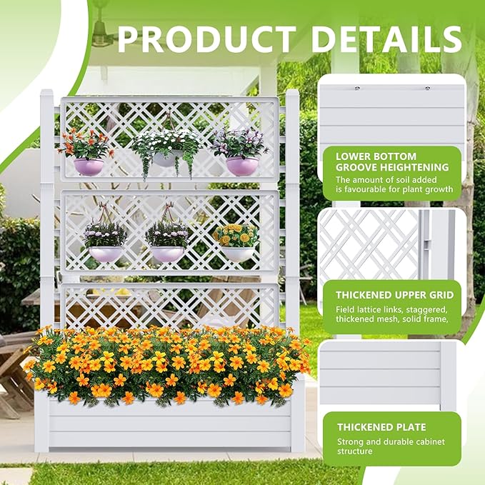 Vixzen 59" Tall Raised Garden Bed,Outdoor Large Resin Planter Box with Trellis and Drain Plug for Climbing Plants,Easy to Assemble,Water Monitor (Ashen, 43.43"×18.27"×59.29")