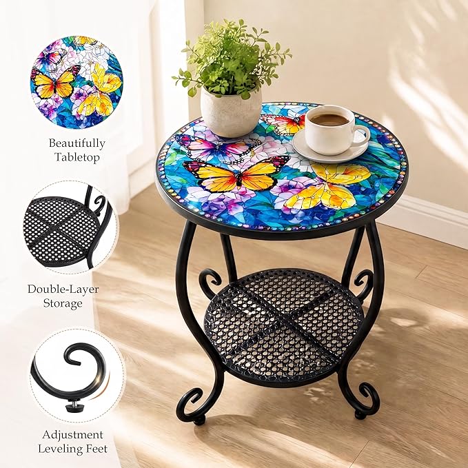 Outdoor Side Table, Small Patio Table Round Metal Outside Coffee End Table for Balcony Bistro Porch Yard Garden Patio Living Room（Butterfly