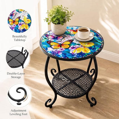 Outdoor Side Table, Small Patio Table Round Metal Outside Coffee End Table for Balcony Bistro Porch Yard Garden Patio Living Room（Butterfly