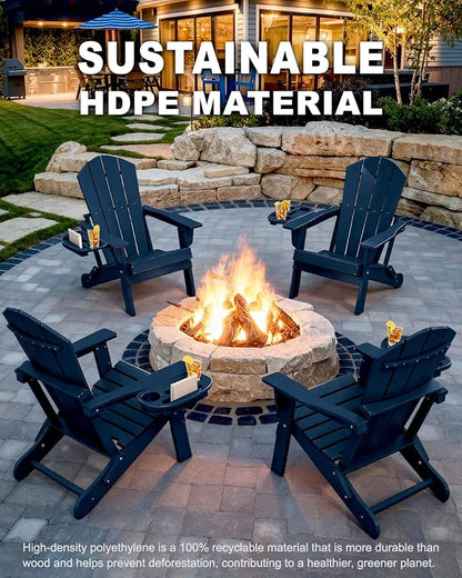 Adirondack Chair Set of 4, HDPE Folding Adirondack Chair with Multifunctional Cup Holder, Weather Resistant Fire Pit Chair for porches, patios, poolsides, Decks.