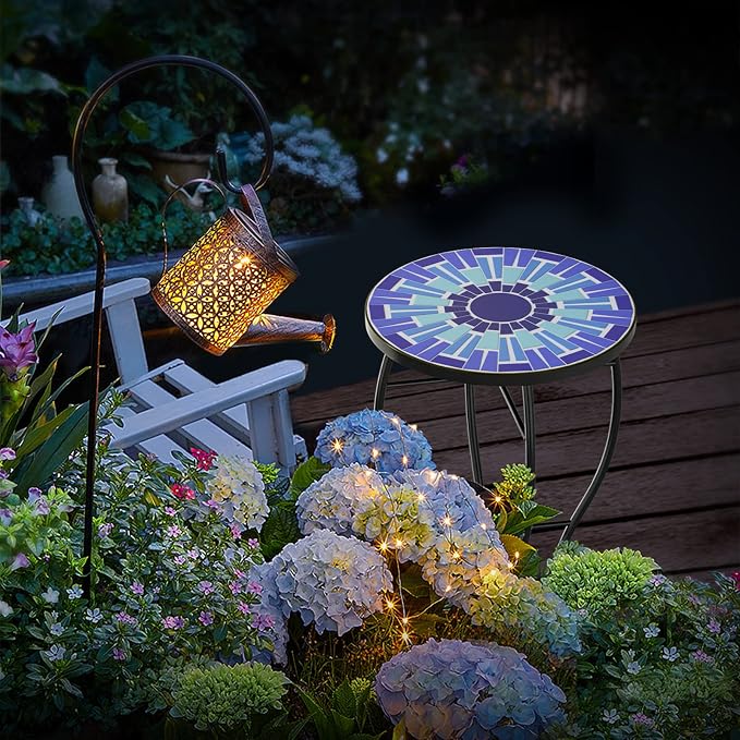 FROMJBEST Mosaic Outdoor Side Table, Patio Side Table, Weather Resistant 14" Diameter 21" H Ceramic Tile Round Outside Table for Patio, Porch, Garden, Pool, Indoor&Outdoor,Plant Stand (Vortex)