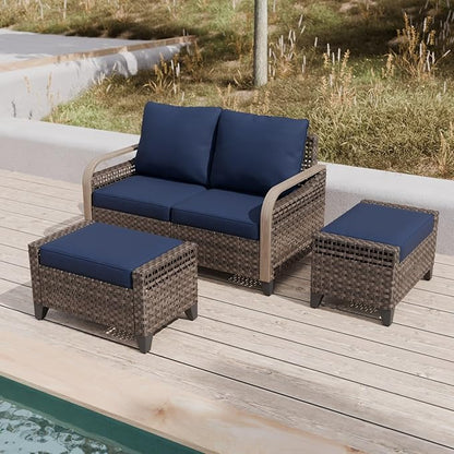 COOS BAY Modern Wicker Outdoor Furniture Set, Patio Conversation Set with 2 Seat Loveseat, and Ottomans, 3 Piece, Brown/Blue