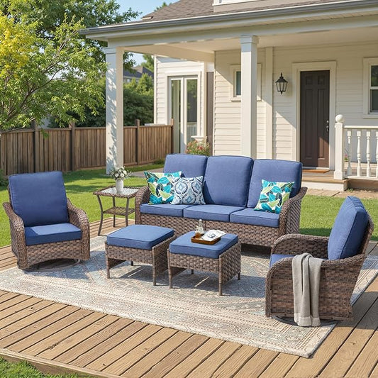 6 Piece Outdoor Patio Wicker Furniture Sets-High Back Patio Conversation Set with Rattan Sofa, Wicker Swivel Rocker Patio Chairs and Thick Cushions Ottomans for Porch Balcony Patio Deck Brown/Blue