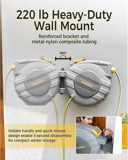 GLAHODEN Retractable Garden Hose Reel 5/8 in x 100 ft Upgraded UV Resistant Heavy Duty Automatic Hose Reel Wall Mount 3/4 in Brass Fitting 9 Pattern Nozzle Any Length Lock Slow Retraction 180° Swivel