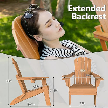 Plawdlik Folding Adirondack Chair, Cup Holder,SGS Tested, Wooden Textured, Heavy All-Weather HDPE Comfortable Set Poolside Backyard Lawn Teak Set 2