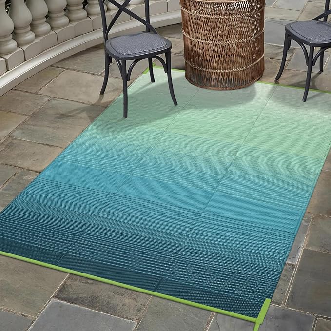 Anidaroel Ombre Outdoor Rug 5x8 for Patios Clearance, Waterproof Plastic Straw Outdoor Area Rug, Camping Rugs for Outside RV, Porch, Balcony, Pool Deck, Picnic, Camper(Blue&Green,5'x8')