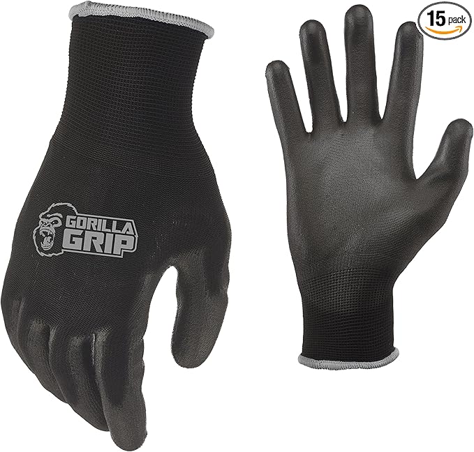 Gorilla Grip Work Gloves, Never Slip Maximum Grip All-Purpose, Gloves for Men, Superior in Wet, Dry, Oily Conditions, Polymer Palm, Extra Large Size, 15 Pairs, Black/Blue | 25043-25