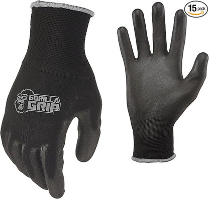 Gorilla Grip Work Gloves, Never Slip Maximum Grip All-Purpose, Gloves for Men, Superior in Wet, Dry, Oily Conditions, Polymer Palm, Extra Large Size, 15 Pairs, Black/Blue | 25043-25