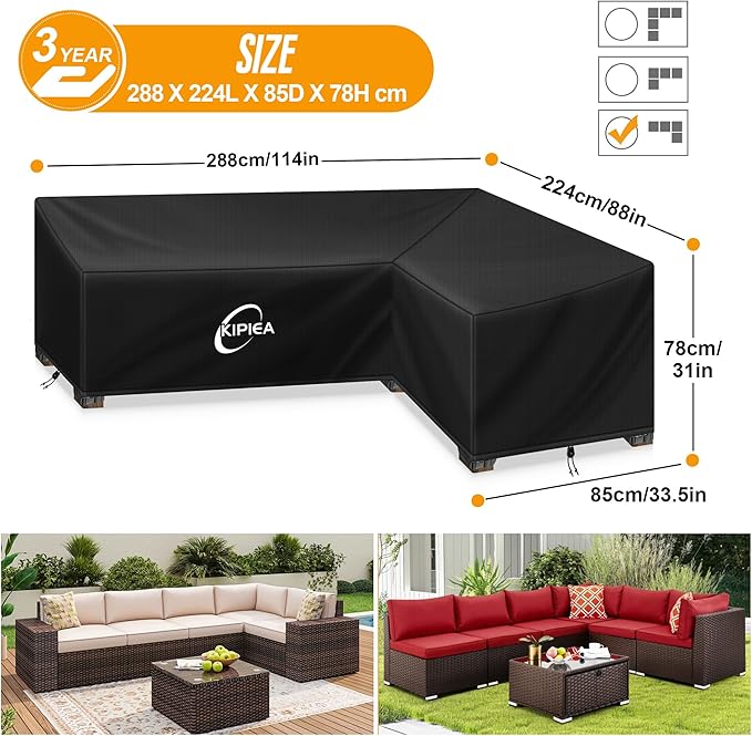 Kipiea Patio L-Shaped Sectional Sofa Cover, 420D Heavy-Duty Oxford Fabric Outdoor Sectional Cover with 6 Windproof Buckles, Anti UV and No Tears, No Fading (114Lx88Lx33.5Dx31H/24H inch)