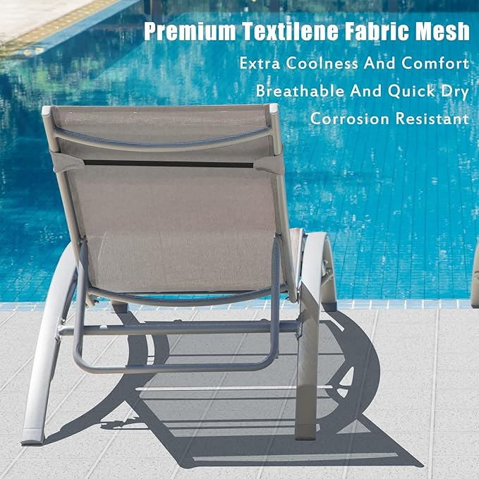 Domi Outdoor Chaise Lounge Set of 3 Patio Recliner Chairs with Adjustable Backrest and Removable Pillow for Indoor&Outdoor Beach Pool Sunbathing Lawn Khaki