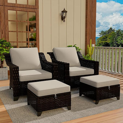 VistaVibe 4 Pieces Outdoor Patio Conversation Furniture Set - 2 Luxurious Armchairs | 2 Wicker Ottomans, Removable Cushions, Hand-Woven PE Rattan, Office, Porch (Brown/Beige)