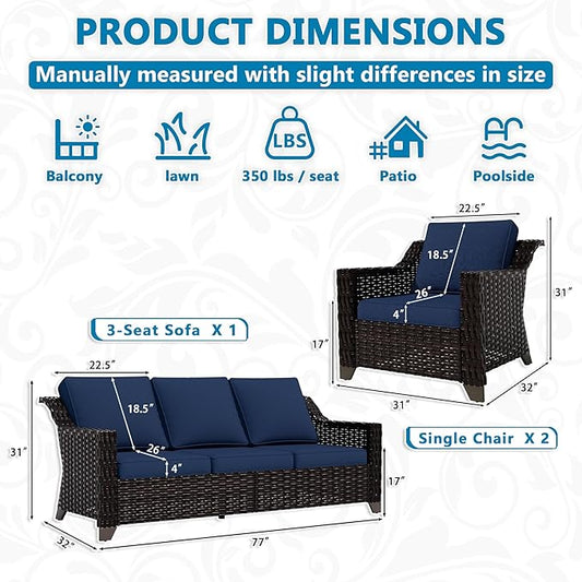 VistaVibe 3 Pieces Outdoor Patio Conversation Furniture Set - 78" 3-seat Sofa | 2 Wicker Chairs, Deep Seat Loveseat, Removable Cushions, Hand-Woven PE Rattan Couch, Balcony (Brown/Navy)