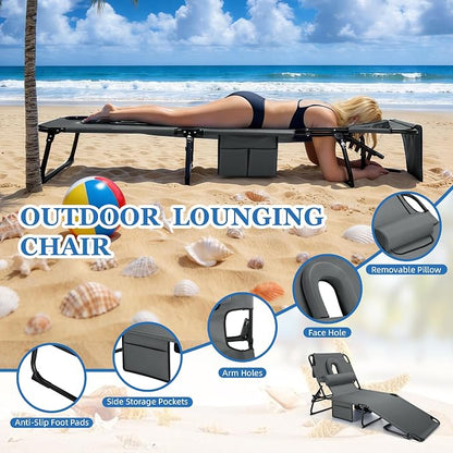 3-in-1 Sun Tanning Chair with Face Holes, Folding Chaise Lounge Chairs, 5-Position Adjustable Lounge Chair Outdoor with 2 Side Pocket & Pillow, for Pool Beach, Patio, Camping, Grey