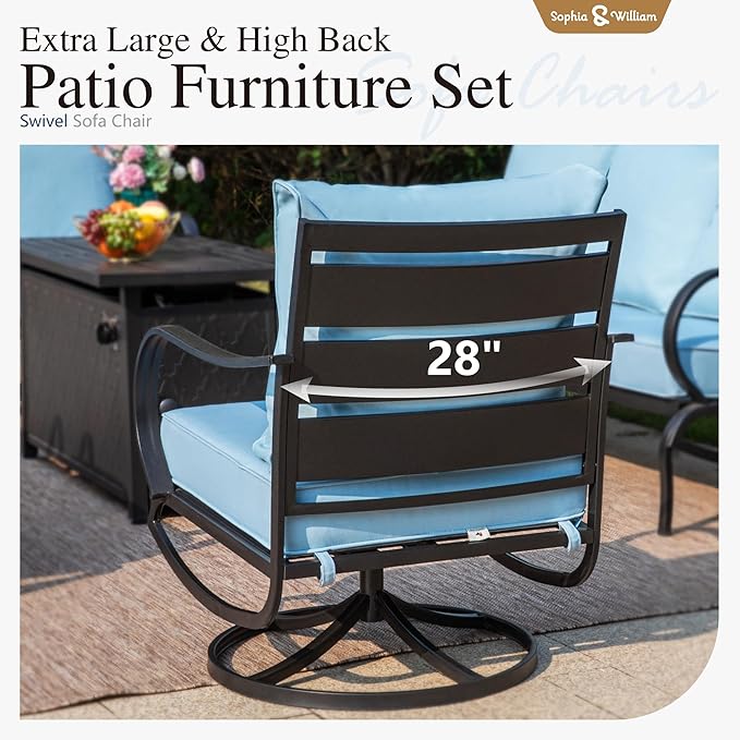 Sophia & William 2 Pieces Patio Furniture Sets Metal Sofa Chairs Patio Cushion Armchairs Swivel Sofa Chairs with Removable Cover for Garden Backyard Poolside Blue