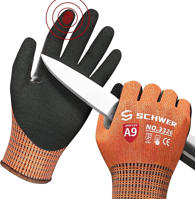 Schwer ProGuard Highest Level Cut Resistant Work Gloves PR3326 for Extreme Protection，ANSI A9 Cut Gloves with Reinforced Thumb, Non Slip, Breathable, Durable, Touch-screen, Orange1 Pair（S）