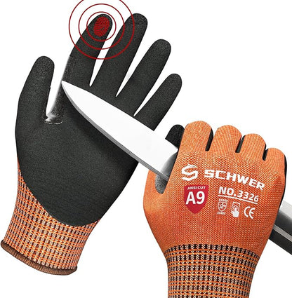 Schwer ProGuard Highest Level Cut Resistant Work Gloves PR3326 for Extreme Protection，ANSI A9 Cut Gloves with Reinforced Thumb, Non Slip, Breathable, Durable, Touch-screen, Orange1 Pair（S）