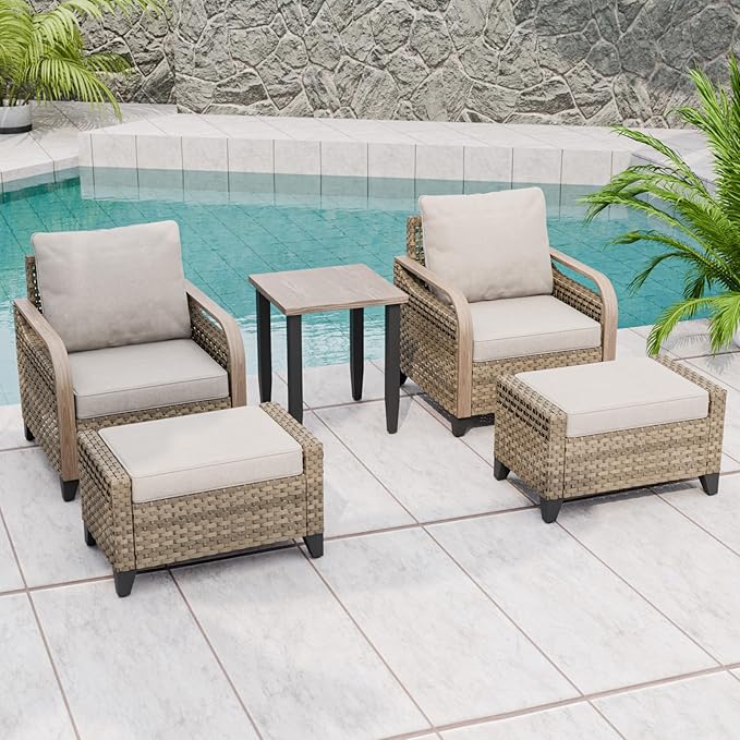 Modern Wicker Bistro Table and Chairs Set, Rattan Outdoor Bistro Set with Patio Chairs, Ottomans & Table, 5 Pieces, Brown/Gray