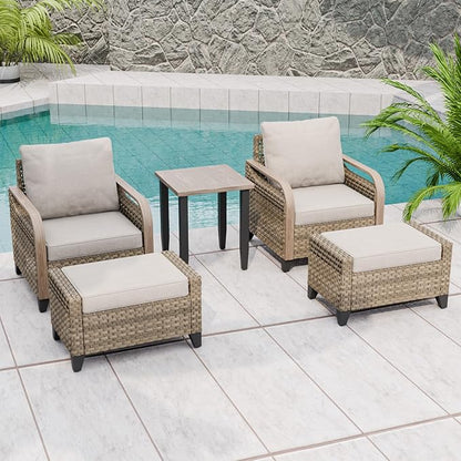 Modern Wicker Bistro Table and Chairs Set, Rattan Outdoor Bistro Set with Patio Chairs, Ottomans & Table, 5 Pieces, Brown/Gray