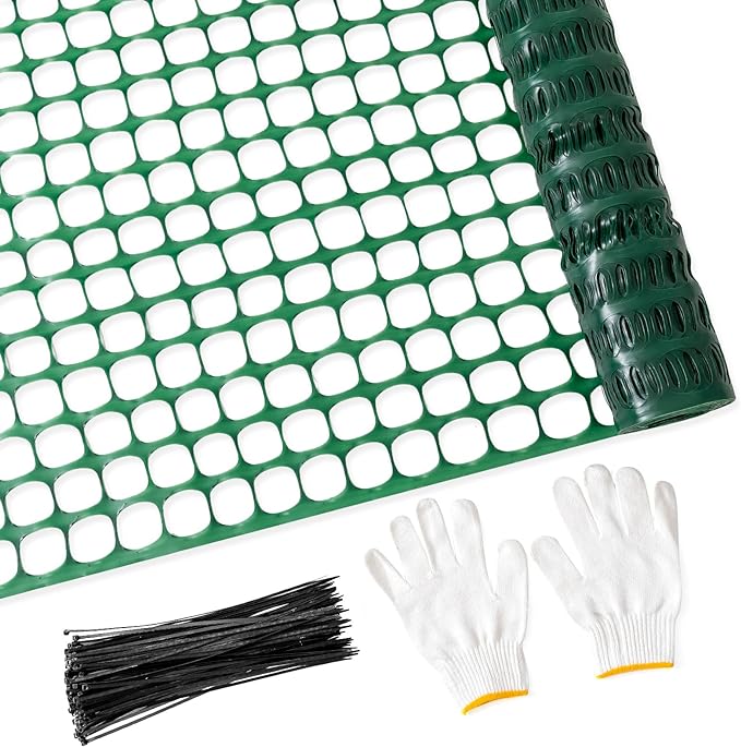 PotatoLife Plastic Mesh Fence Safety Fence, 2'x25' Roll with 50 Zip Ties, Resuable Temporary Netting for Garden Fencing, Construction, Snow Fencing, Animal Barrier, Poultry, Deer, Patio, Green