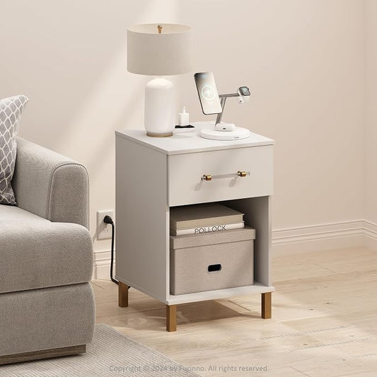 Furinno TIDUR Side Table, Modern Drawer End Table with Charging Station, Night Stand, Bedside Table with USB and Type-C Port, for Living Room, Bedroom, White