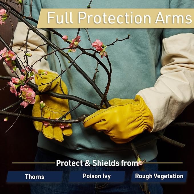 Kings County Tools Long Garden Gloves for Men and Women Pair - Breathable Canvas Thorn Proof Leather Gardening Gloves with Arm Guard Gauntlet for Pruning Planting Rose Cactus or Blackberry (Medium)