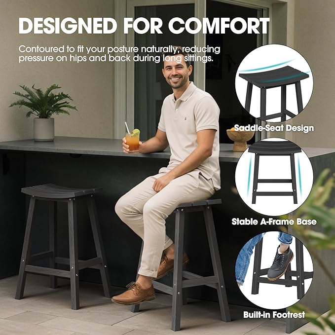 Ciokea Balcony Table and Stools 3 Pieces Set, Outdoor High Top Bar Set, HDPE 29" Bar Stools Set of 2 and Round Table for Outside Dining Bistro Poolside Backyard, Black