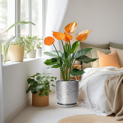 10 Inch Plant Pot - Ceramic Planter for Indoor Outdoor Flowers, Cylinder Modern Flower Pot with Drainage Hole and Saucer, Gifts for Plants Lovers, Home Garden Office House Decor, Silver