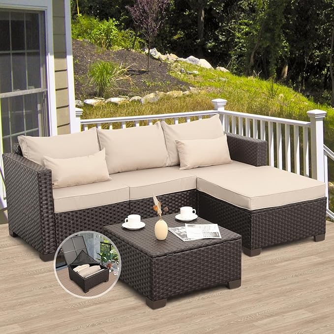 Patio Furniture Set 3 Piece Outdoor Sectional Sofa Set with Wicker Couch, Ottoman, Patio Table with Storage All-Weather Anti-Slip Cushions and Waterproof Covers, Khaki