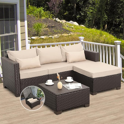 Patio Furniture Set 3 Piece Outdoor Sectional Sofa Set with Wicker Couch, Ottoman, Patio Table with Storage All-Weather Anti-Slip Cushions and Waterproof Covers, Khaki