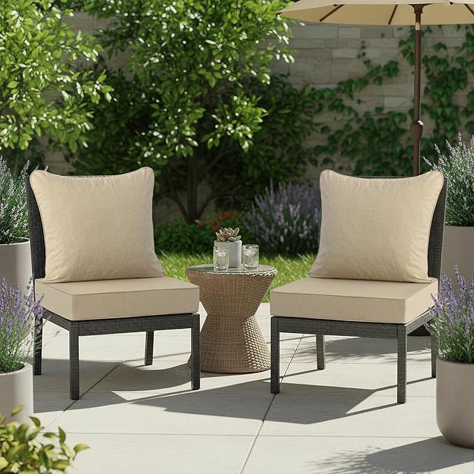 Summsun Outdoor Chair Cushions Set of 2, Faux Linen Patio Furniture Cushions, Water Resistant Backrest and Seat Cushion Set with Ties, Removable Cover, Non-Slip Bottom, 19 x 19 Inch, Nature