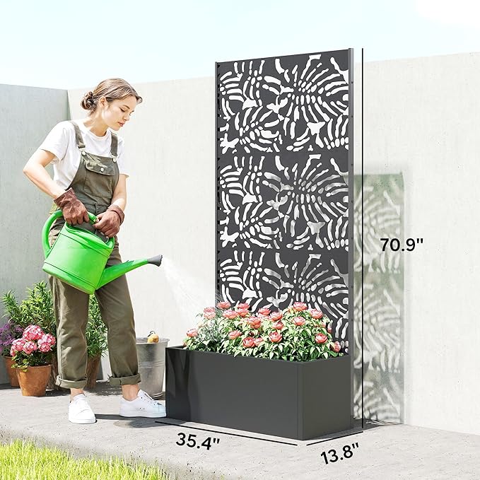 Outsunny Metal Planter Box with Trellis, 71" Tall Raised Garden Bed with Trellis Privacy Screen and Drainage Holes, Banana-Leaf Cut-Out Outdoor Privacy Planter for Climbing Plants, Vegetables, Vines