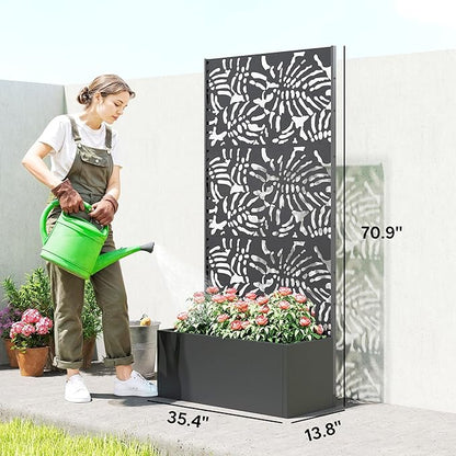 Outsunny Metal Planter Box with Trellis, 71" Tall Raised Garden Bed with Trellis Privacy Screen and Drainage Holes, Banana-Leaf Cut-Out Outdoor Privacy Planter for Climbing Plants, Vegetables, Vines
