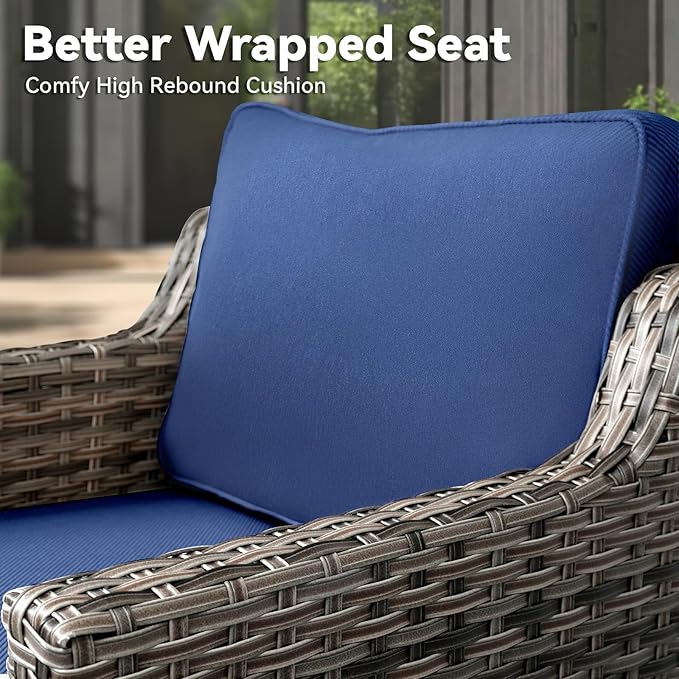 3 Pieces Patio Furniture Sets-Outdoor PE Rattan Wicker Chairs with Thickened Cushion and Glass Coffee Table,All Weather Patio Conversation Set for Garden Backyard Porch Deck Grey/Blue