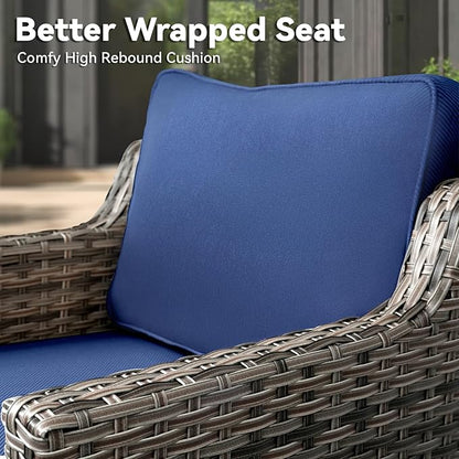 3 Pieces Patio Furniture Sets-Outdoor PE Rattan Wicker Chairs with Thickened Cushion and Glass Coffee Table,All Weather Patio Conversation Set for Garden Backyard Porch Deck Grey/Blue