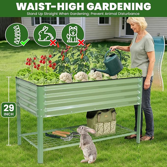 Elevated Raised Garden Bed 2' x 4'- Galvanized Metal Planter Boxes with Legs & Storage Rack, Outdoor Planters for Backyard/Patio/Balcony, with Drainage Holes for Vegetables, Flowers, Herbs, Green