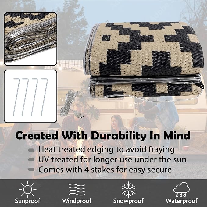 SAND MINE Reversible Mats with Led Strip Lights, Plastic Straw Rug, Modern Area Rug, Large Floor Mat for Outdoors, Patio, Backyard, Deck, Picnic, Camping, Black & Beige, 6' x 9'