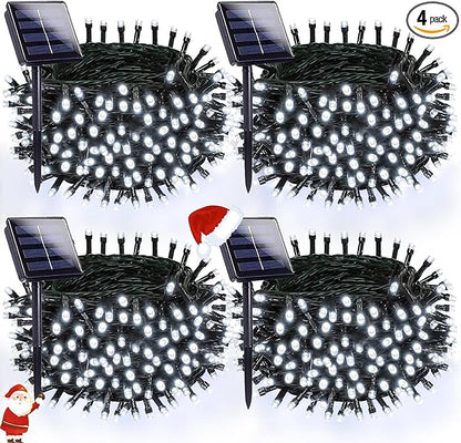 OZS 4 Pack 320LED Solar String Lights Outdoor, Waterproof 8 Modes Solar Tree Light, Green Wire Christmas Lights Outdoor for Garden, Party, Wedding, Christmas Decorations (Cool White)