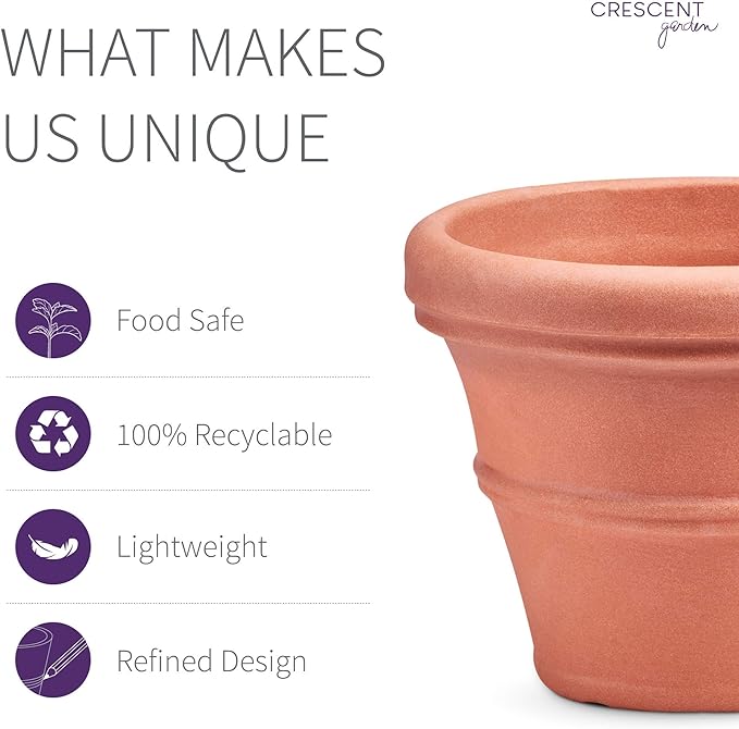 Crescent Garden Brunello Classic Rolled Rim Planter, Indoor/Outdoor Weather-Safe Round Plant Pot, Large Plastic Flowerpot for Flowers, Faux Plants, Trees - 27'' W (Terracotta Color)
