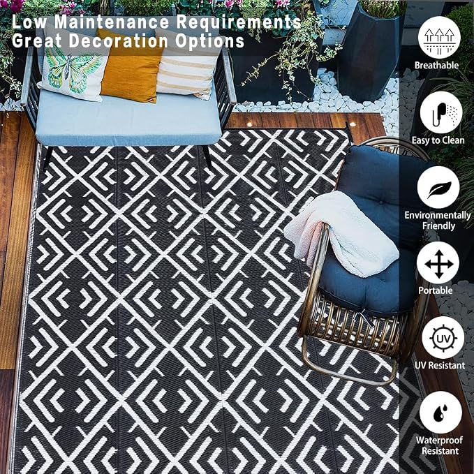 HUGEAR RV Outdoor Rug Waterproof Mat Outdoor Rugs 9'x12' for Patios Clearance Carpet Outdoor Camping Rugs Large Plastic Straw Rug(8x10ft Geometric Black&White)
